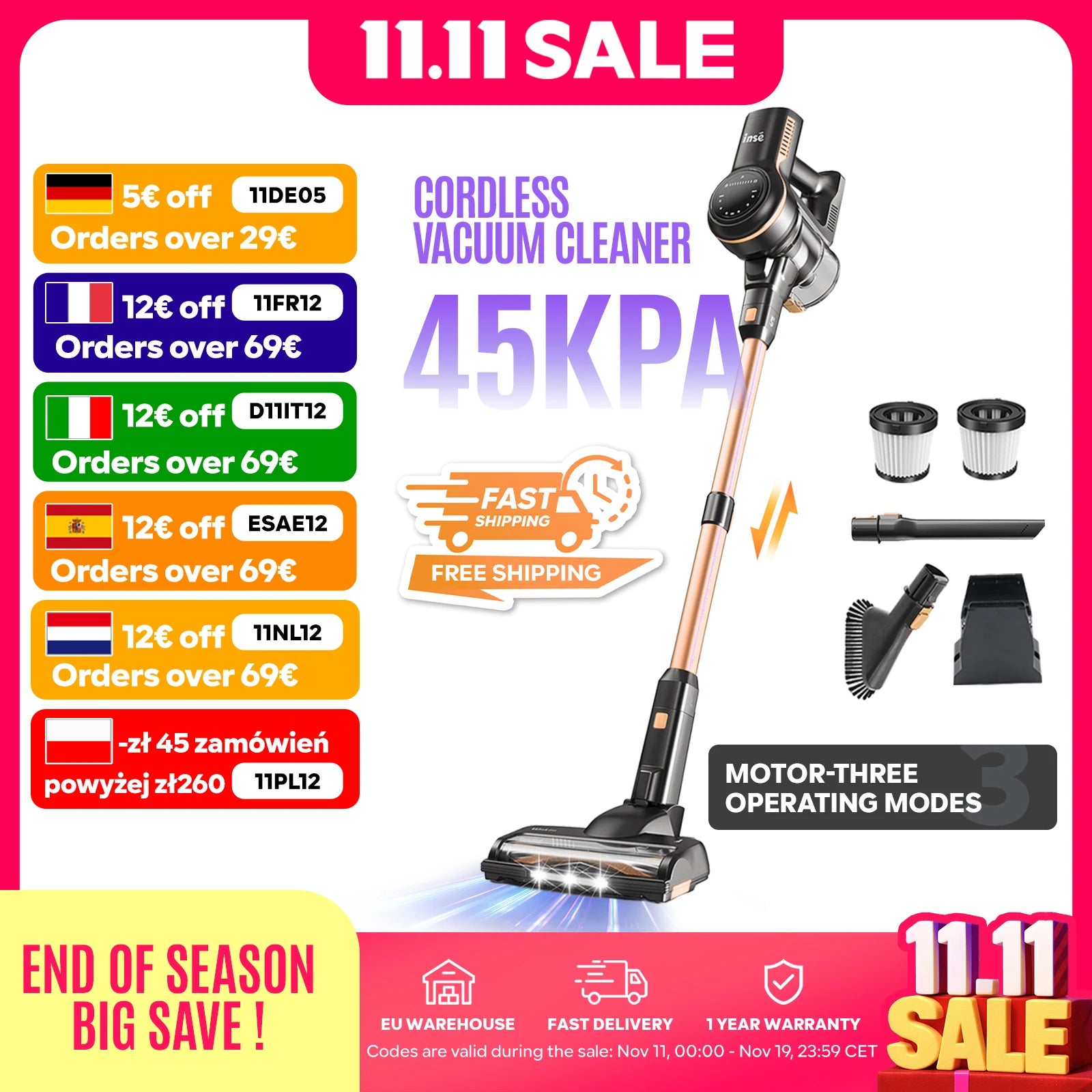 Inse S7P cordless vacuum cleaner 45KPa dust cup 1,3 L removable battery for animal hair Carpet hard floors